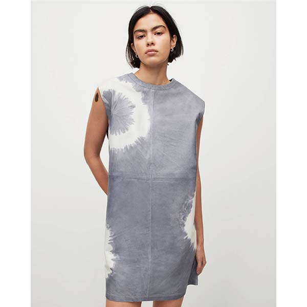 Allsaints Australia Womens Mika Leather Tie Dye Mini Dress Blue AU36-756